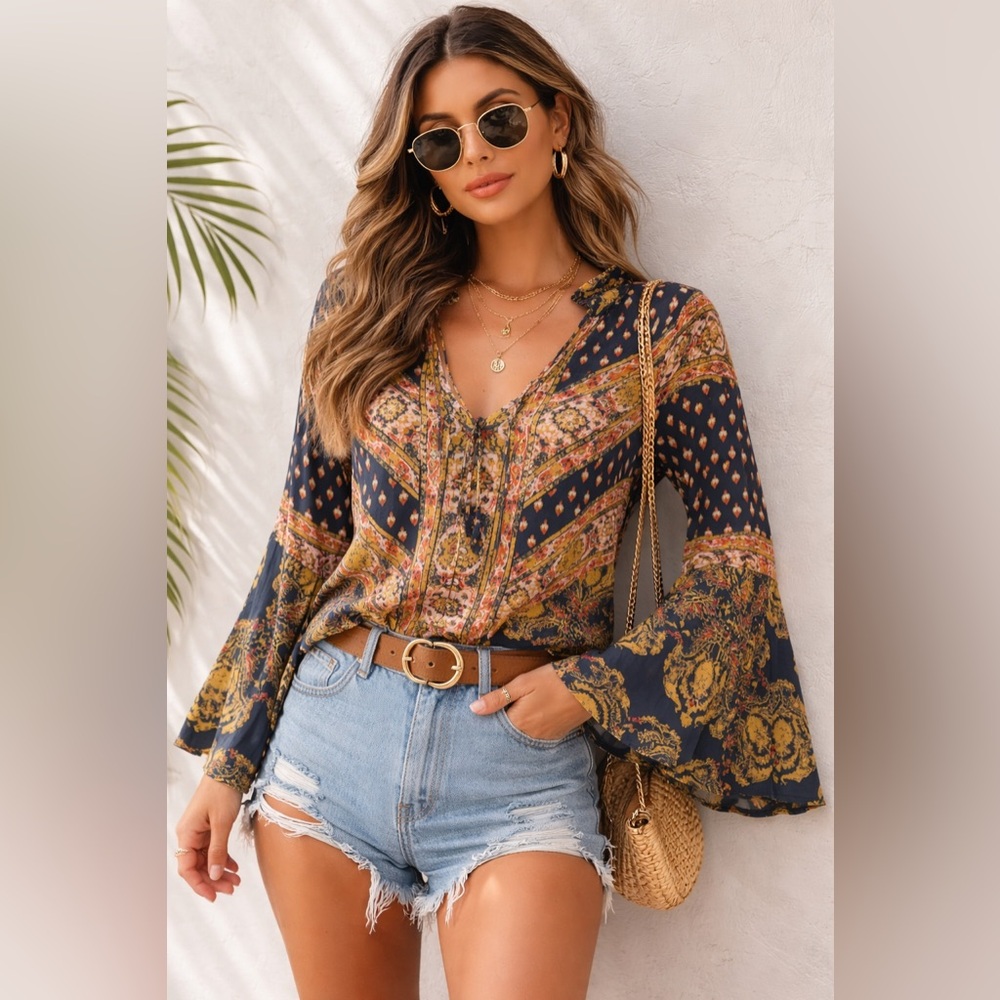 Free People Bohemian Paisley Bell Sleeves Tie Neck Festival Peasant Navy Gold XS
